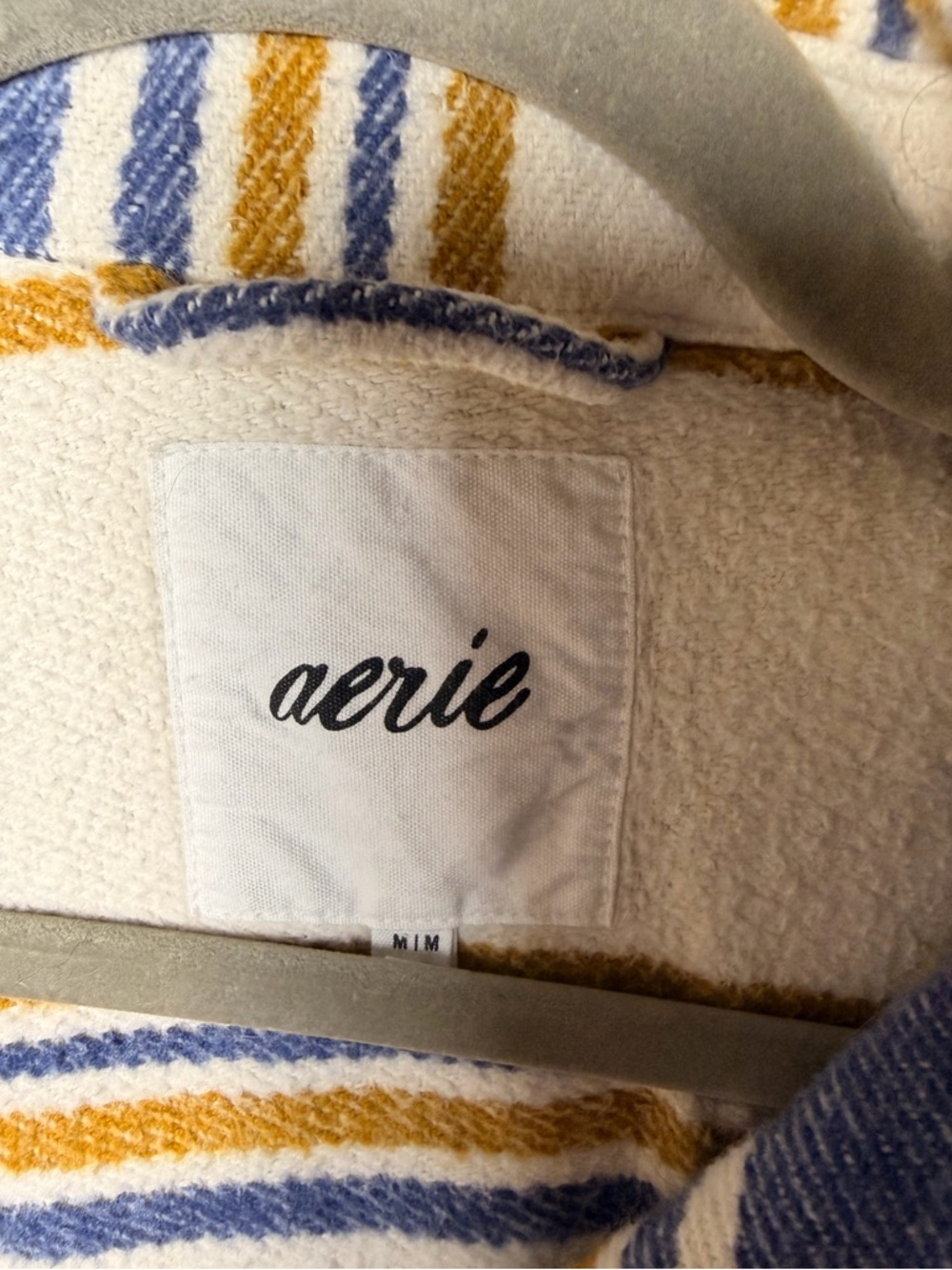 Aerie Oversized Flannel Shacket Jacket Cream Blue Stripe Cotton Size M - Picture 10 of 13